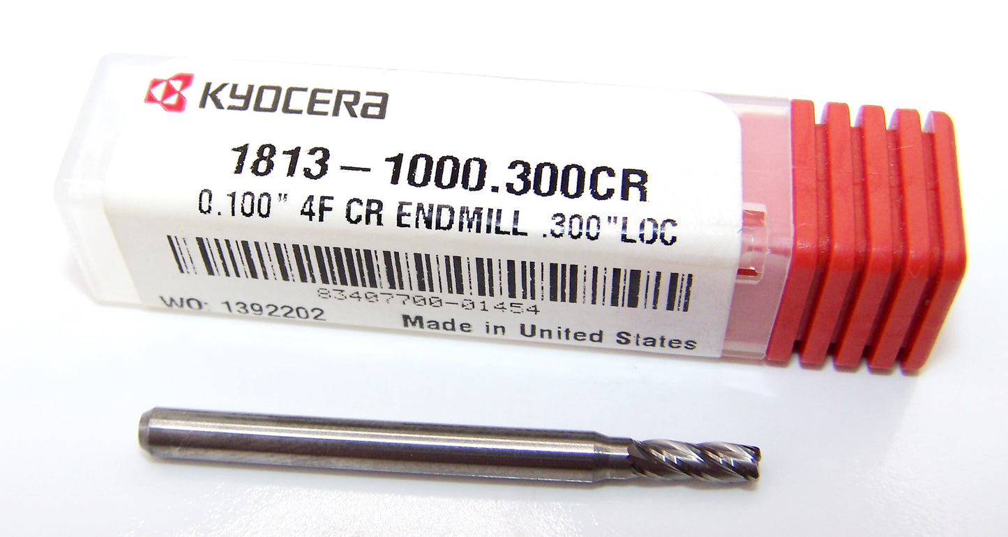 1813-1000.300CR Kyocera 0.100" Carbide 4 Flute End Mill 0.015" Radius 0.1000" Diameter 0.1250" Flute 1.5" Length 0.1250" Shank
