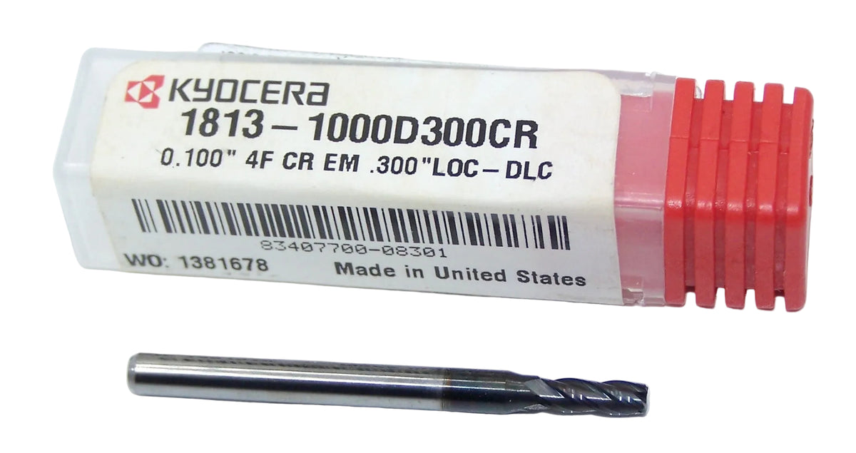 1813-1000D300CR Kyocera 0.100" Carbide 4 Flute End Mill 0.015" Radius DLC Coated 0.1000" Diameter 0.1250" Flute 1.5" Length 0.1250" Shank