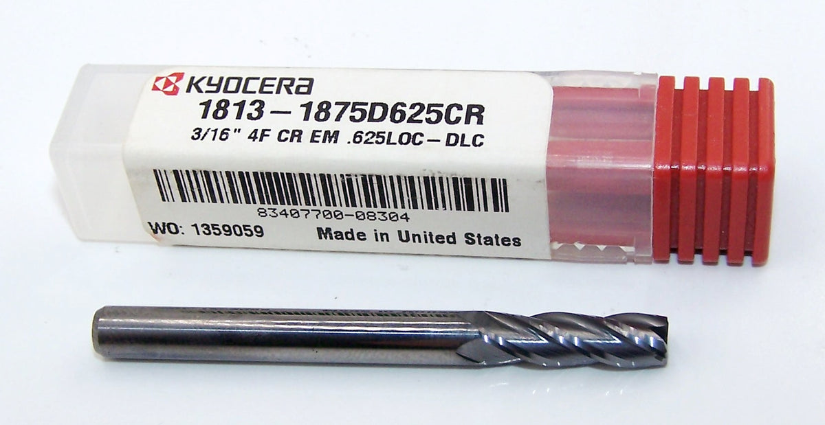 1813-1875D625CR Kyocera 3/16" Carbide 4 Flute End Mill 0.015" Radius DLC Coated 0.1875" Diameter 0.1875" Flute 2" Length 0.1875" Shank