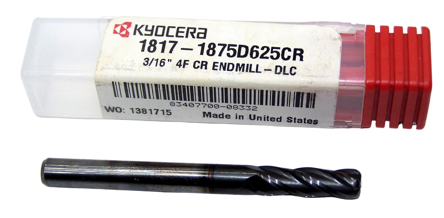1817-1875D625CR Kyocera 3/16" Carbide 4 Flute End Mill 0.045" Radius DLC Coated 0.1875" Diameter 0.1875" Flute 2" Length 0.1875" Shank