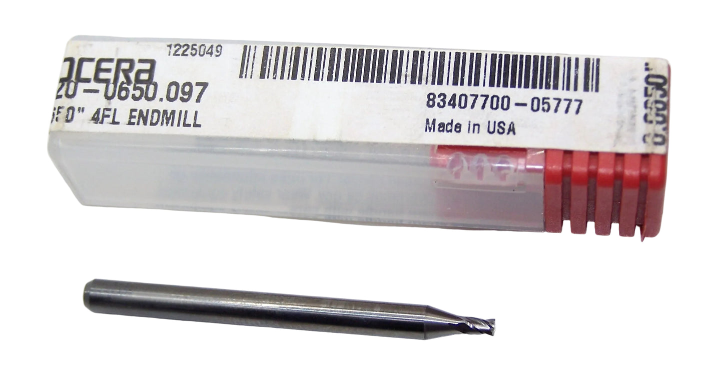 1820-0650.097 Kyocera 0.0650" Carbide 4 Flute End Mill 0.0650" Diameter 0.097" Flute 1.5" Length 0.125" Shank