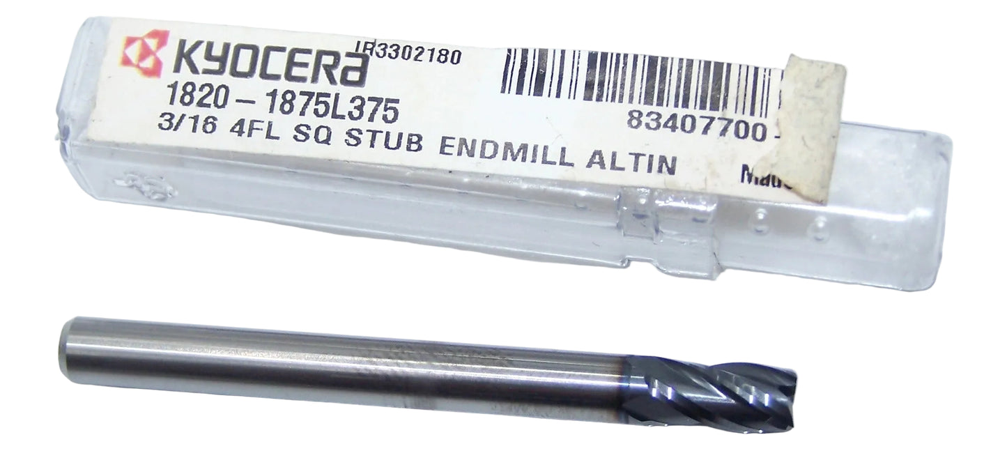 1820-1875L375 Kyocera 3/16" Carbide 4 Flute End Mill ALTiN Coated 0.1875" Diameter 0.375" Flute 2.0" Length 0.1875" Shank