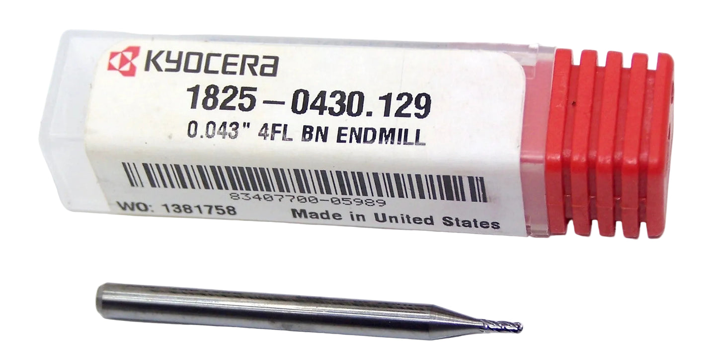 1825-0430.129 Kyocera 0.0430" Carbide 4 Flute End Mill Ball End 0.0430" Diameter 0.129" Flute 1.50" Length 0.125" Shank