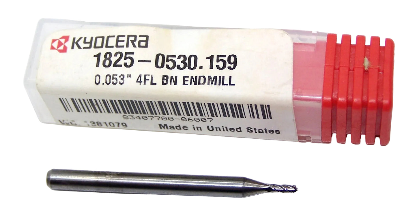 1825-0530.159 Kyocera 0.0530" Carbide 4 Flute End Mill Ball End 0.0530" Diameter 0.159" Flute 1.50" Length 0.125" Shank