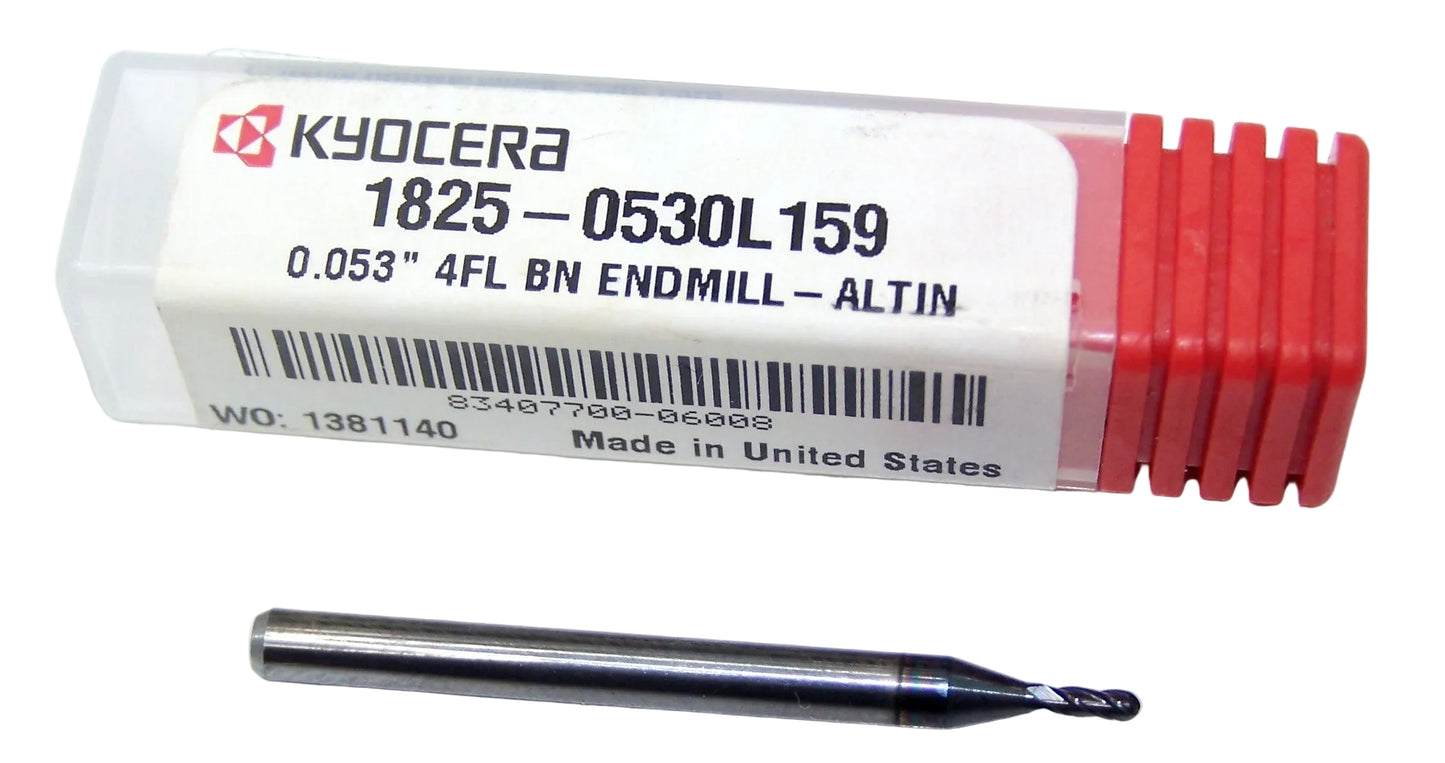 1825-0530L159 Kyocera 0.0530" Carbide 4 Flute End Mill Ball End AlTiN Coated 0.0530" Diameter 0.159" Flute 1.50" Length 0.125" Shank