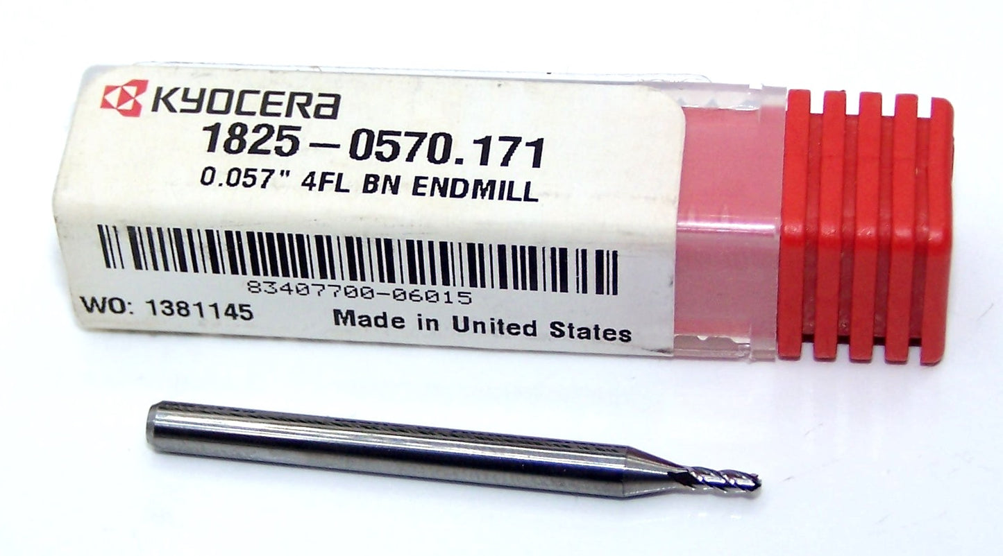 1825-0570.171 Kyocera 0.0570" Carbide 4 Flute End Mill Ball End 0.0570" Diameter 0.171" Flute 1.50" Length 0.125" Shank