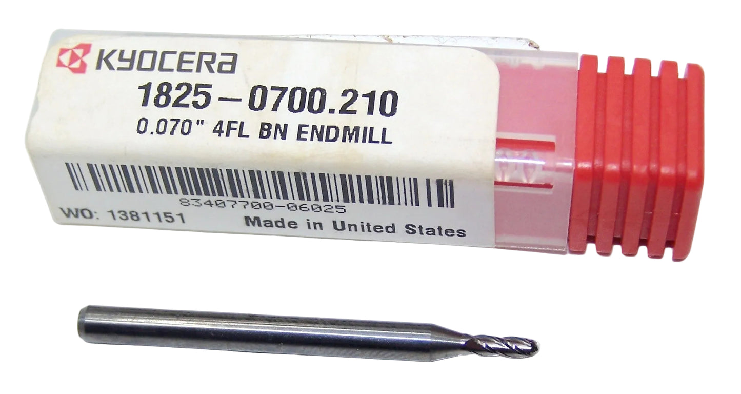 1825-0700.210 Kyocera 0.0700" Carbide 4 Flute End Mill Ball End 0.0700" Diameter 0.210" Flute 1.50" Length 0.125" Shank