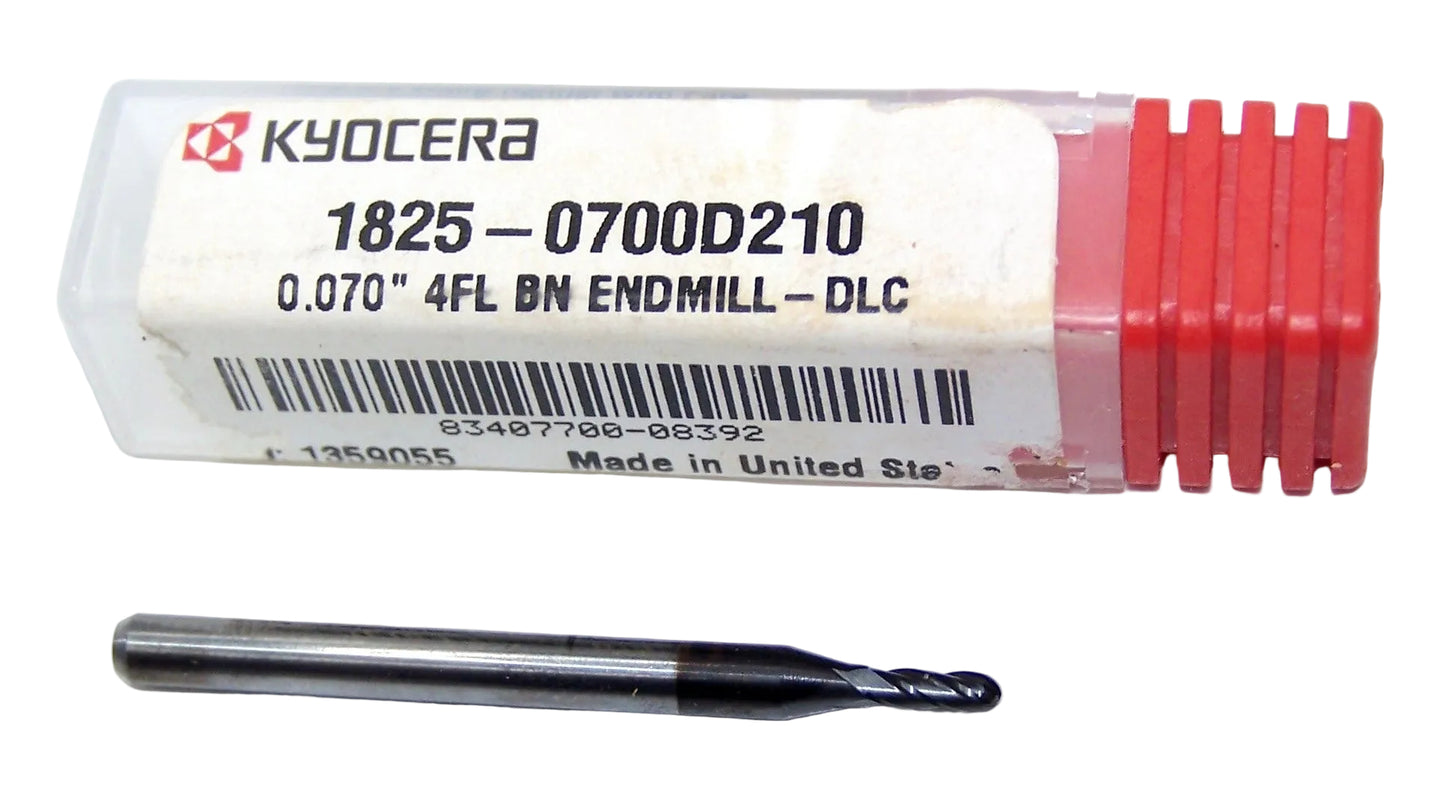 1825-0700D210 Kyocera 0.0700" Carbide 4 Flute End Mill Ball End DLC Coated 0.0700" Diameter 0.210" Flute 1.5" Length 0.125" Shank