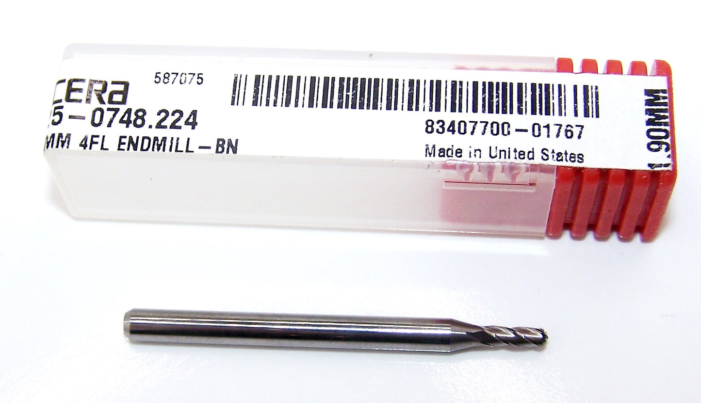 1825-0748.224 Kyocera 1.90mm Carbide 4 Flute End Mill Ball End 0.0748" Diameter 0.2240" Flute 1.5" Length 0.1181" Shank