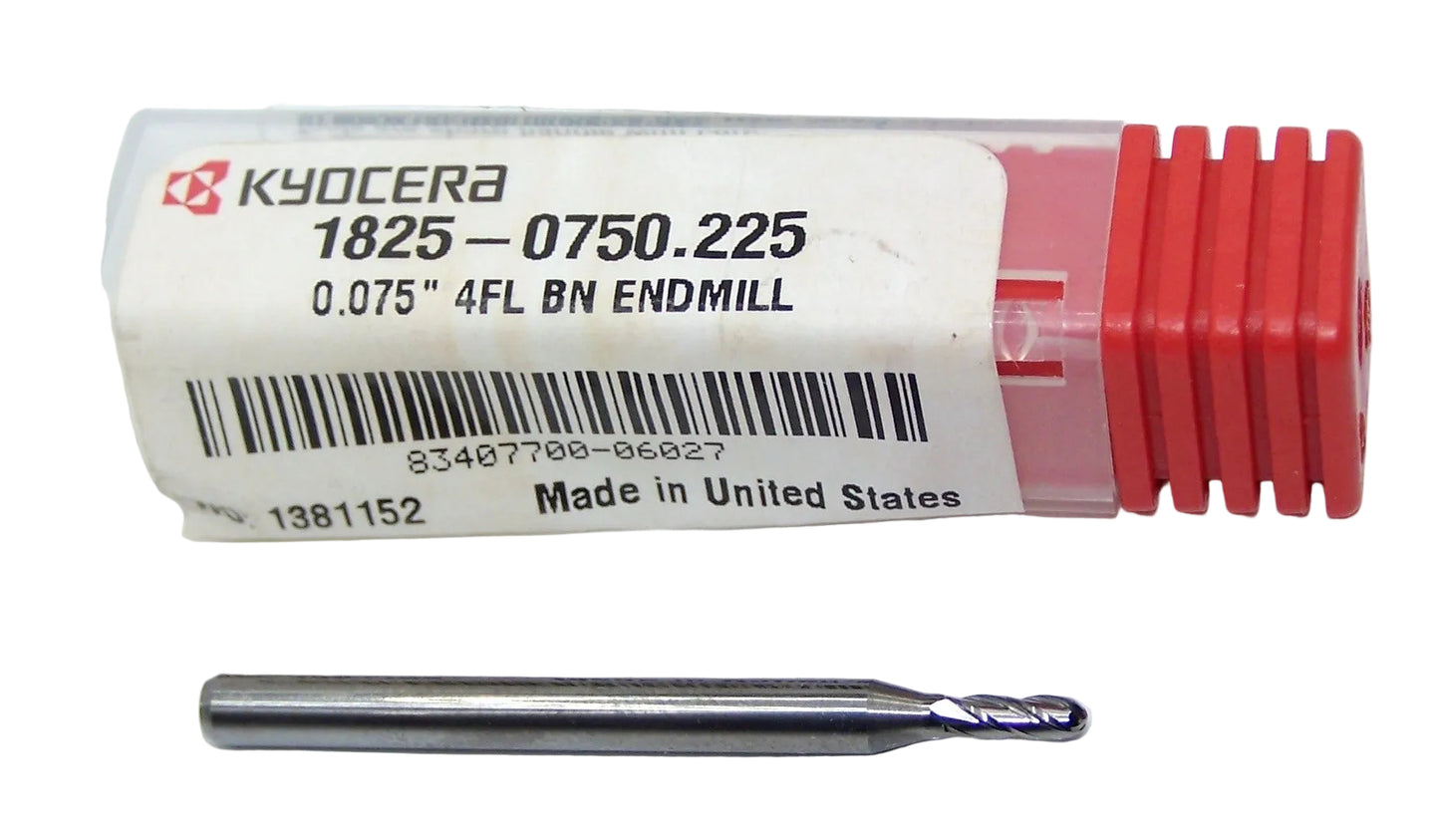 1825-0750.225 Kyocera 0.0750" Carbide 4 Flute End Mill Ball End 0.0750" Diameter 0.225" Flute 1.50" Length 0.125" Shank