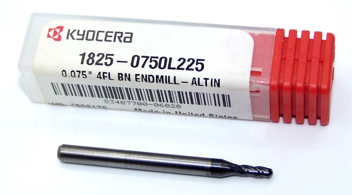 1825-0750L225 Kyocera 0.0750" Carbide 4 Flute End Mill Ball End ALTiN Coated 0.0750" Diameter 0.225" Flute 1.50" Length 0.125" Shank