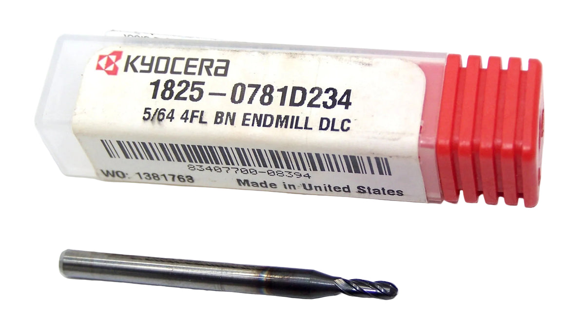 1825-0781D234 Kyocera 5/64" Carbide 4 Flute End Mill Ball End DLC Coated 0.0781" Diameter 0.234" Flute 1.50" Length 0.125" Shank