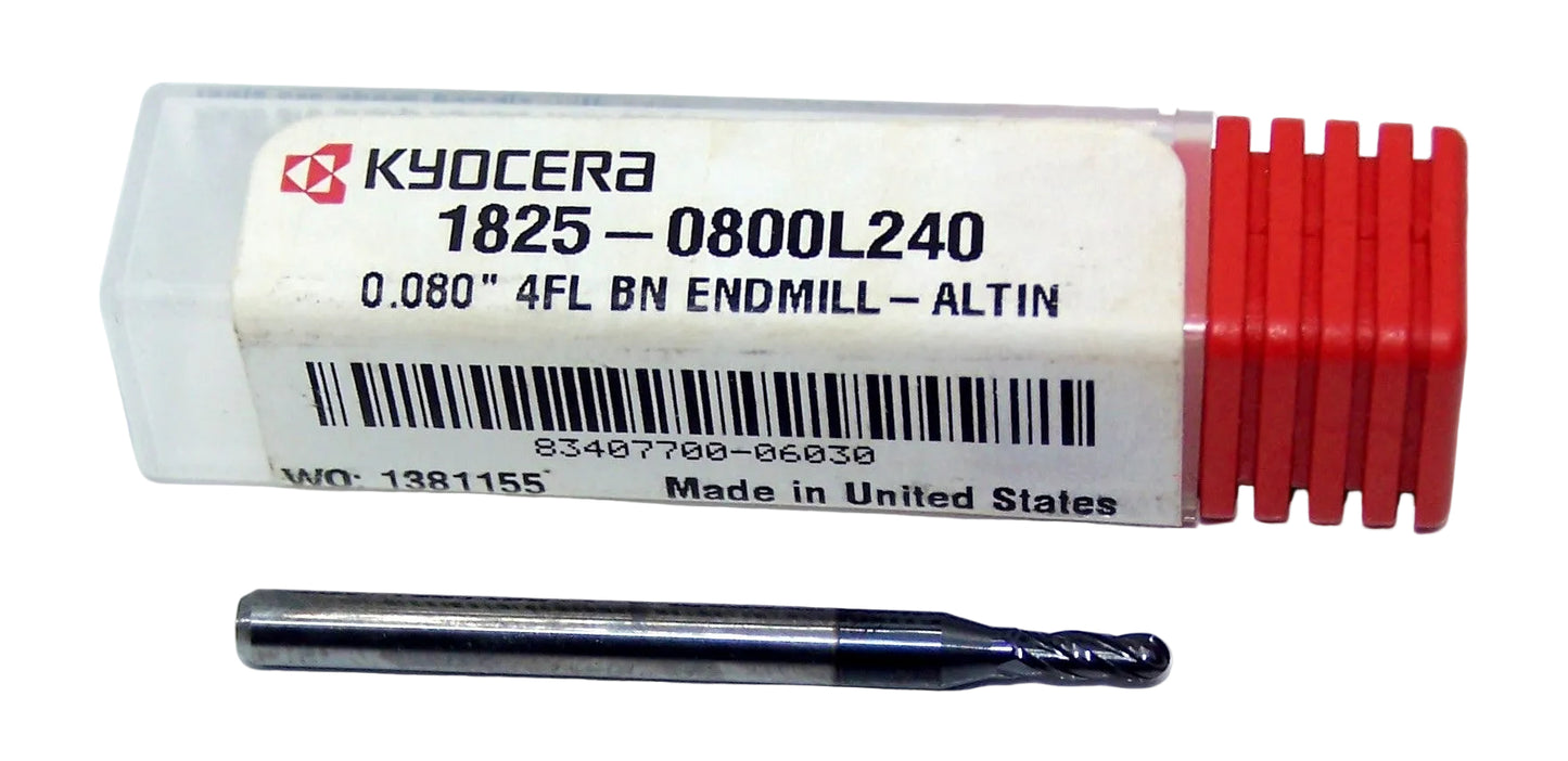 1825-0800L240 Kyocera 0.0800" Carbide 4 Flute End Mill Ball End  ALTiN Coated 0.0800" Diameter 0.240" Flute 1.50" Length 0.125" Shank