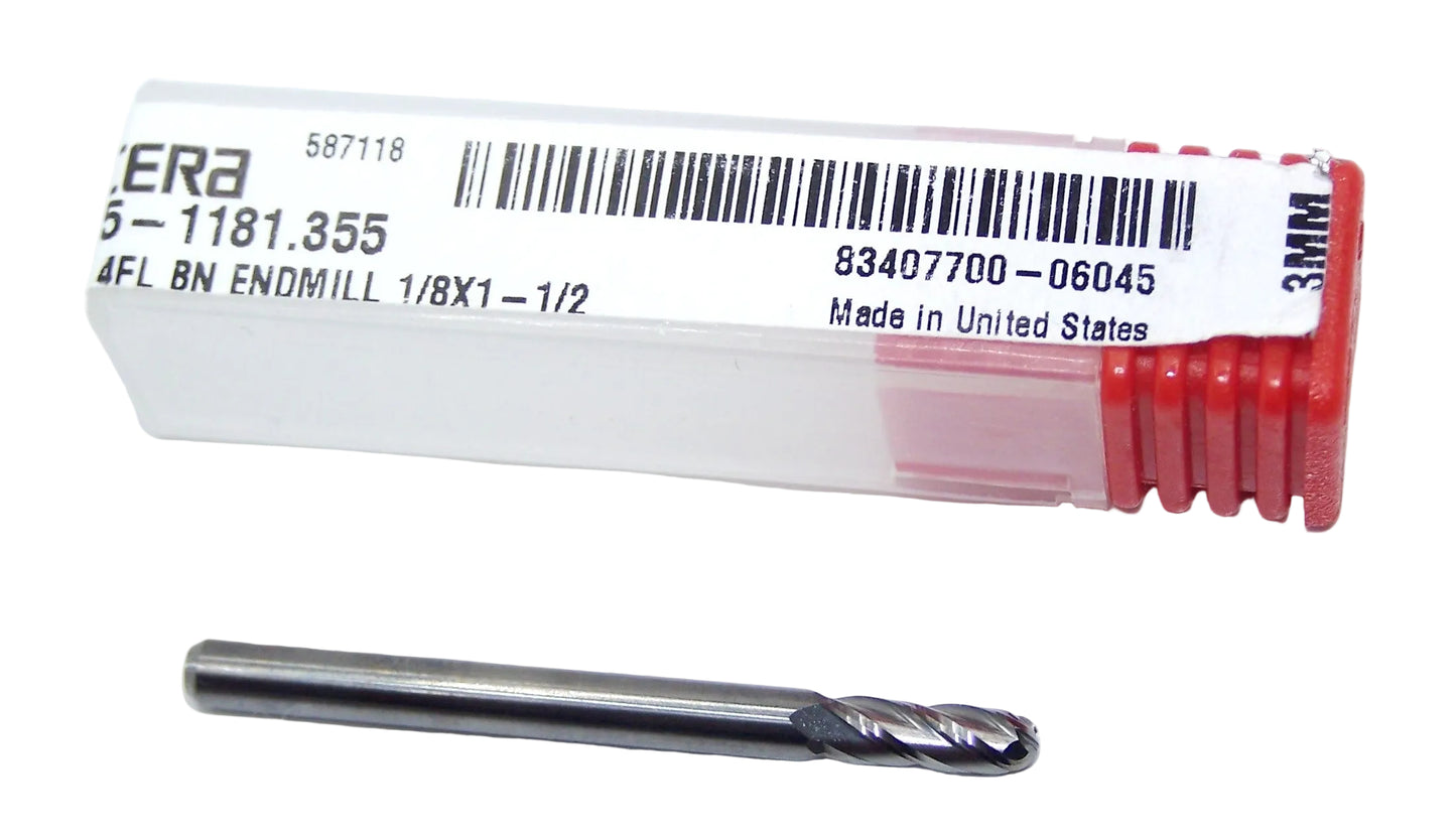 1825-1181.355 Kyocera 3.00mm Carbide 4 Flute End Mill Ball End Bright 0.1181" Diameter 0.355" Flute 1.5" Length 0.125" Shank