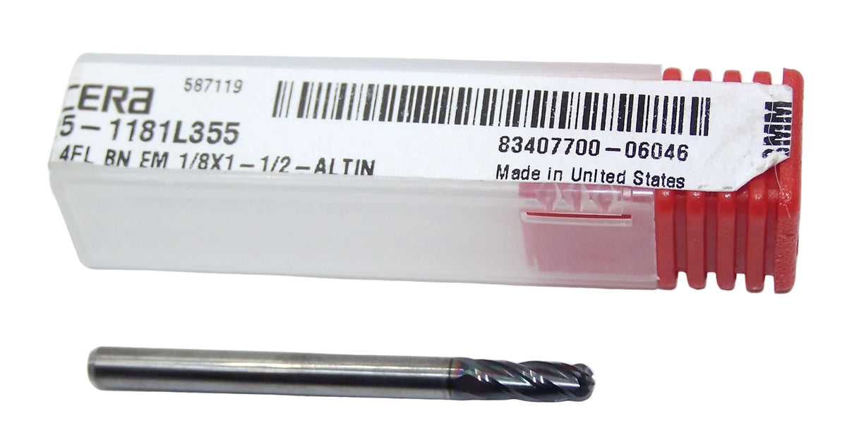1825-1181L355 Kyocera 3.00mm Carbide 4 Flute End Mill Ball End ALTiN Coated 0.1181" Diameter 0.355" Flute 1.5" Length 0.125" Shank