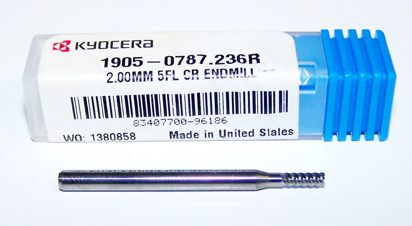 1905-0787.236R Kyocera 2.00mm Carbide 5 Flute End Mill for hard metals .0079" Radius .0787" Diameter .236" Flute  1.50" Length .1181" Shank