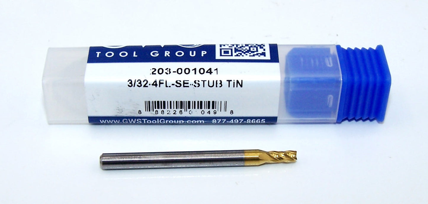 203-001041 Monster Tool 3/32" Carbide 4 Flute End Mill Stub Length TiN Coated .0938" Diameter 0.1875" Flute 1.5" Length 0.125" Shank GWS Tool Group