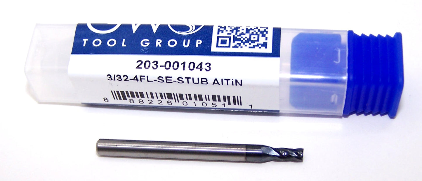 203-001043 Monster Tool 3/32" Carbide 4 Flute End Mill Stub Length AlTiN Coated .0938" Diameter 0.1875" Flute 1.5" Length 0.125" Shank GWS Tool Group