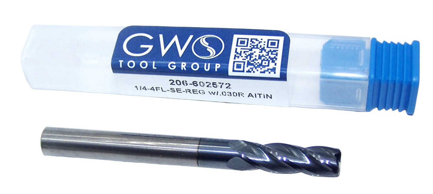 206-602572 Monster Tool 1/4" Carbide 4 Flute End Mill .030" Radius AlTiN Coated .250" Diameter .750" Flute 2.50" Length .250" Shank