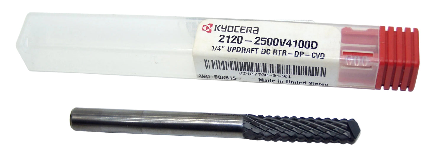 2120-2500V4100D Kyocera 1/4" Carbide Diamond Cut Router Burr Up Cut Drill Point CVD Coated 0.2500" Diameter 1.000" Flute 3.0" Length 0.250" Shank