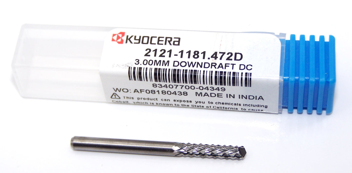 2121-1181.472D Kyocera 3.00mm Carbide Diamond Cut Router Burr Down Cut Drill Point 0.1181" Diameter 0.472" Flute 1.5" Length 0.1181" Shank