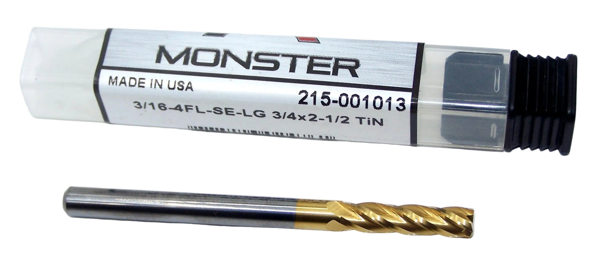 215-001013 Monster Tool 3/16" Carbide 4 Flute End Mill Long Length TiN Coated .1875" Diameter 0.750" Flute 2.50" Length 0.187" Shank GWS Tool Group