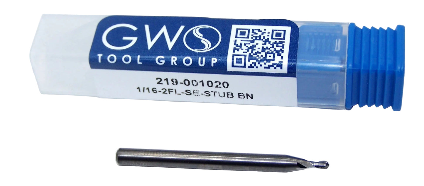 219-001020 Monster Tool 1/16" Carbide 2 Flute End Mill Ball End Stub .0625" Diameter .125" Flute  1.50" Length .125" Shank