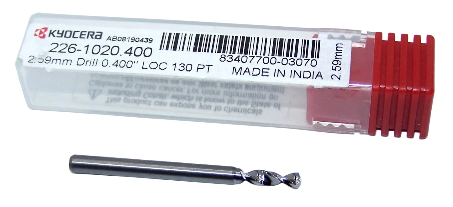 226-1020.400 Kyocera 2.59mm Carbide Drill 2 FLUTE 0.1020" Diameter 0.400" Flute 1.5" Length 0.1181" Shank 130° Point
