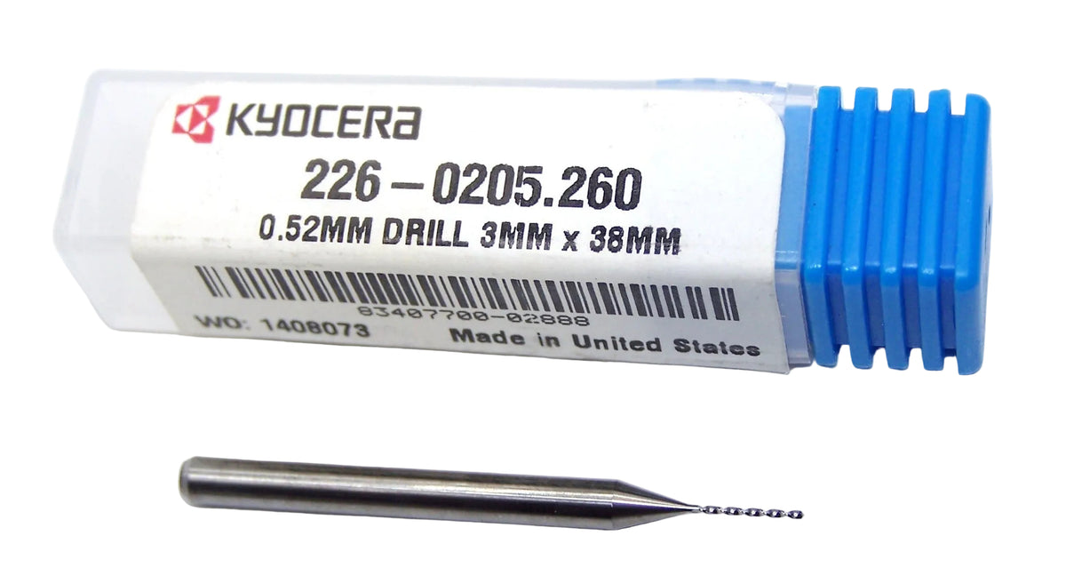 226-0205.260 Kyocera 0.52mm Carbide Drill 2 FLUTE 0.0205" Diameter 0.260" Flute 1.5" Length 0.1181" Shank 130° Point