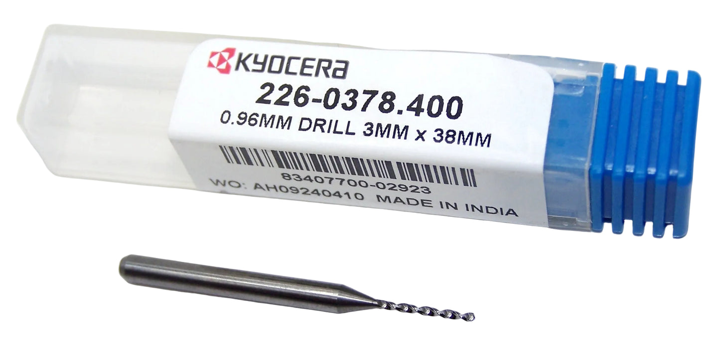 226-0378.400 Kyocera 0.96mm Carbide Drill 2 FLUTE 0.0378" Diameter 0.400" Flute 1.5" Length 0.1181" Shank 130° Point