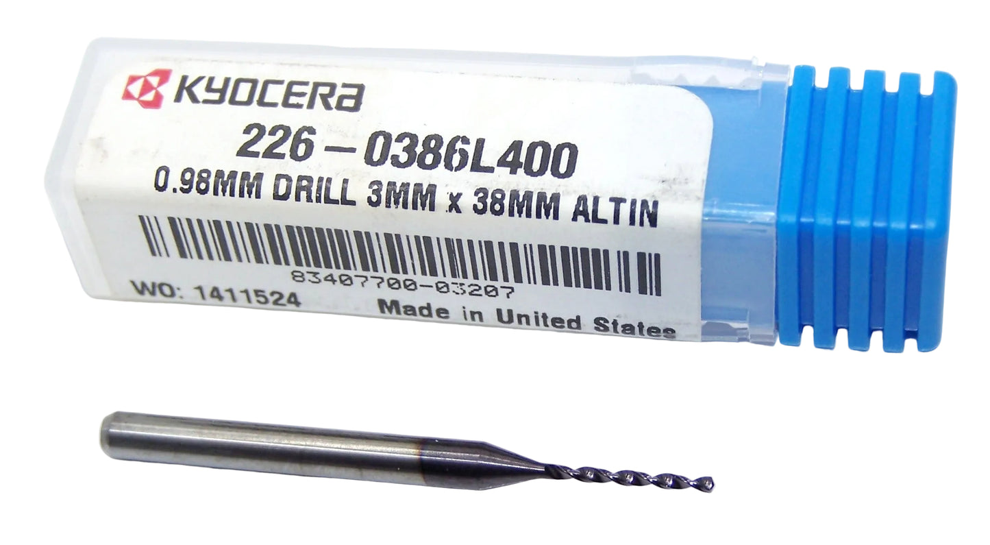 226-0386L400 Kyocera 0.98mm Carbide Drill 2 FLUTE ALTiN Coated 0.0386" Diameter 0.400" Flute 1.50" Length 0.1181" Shank 130° Point