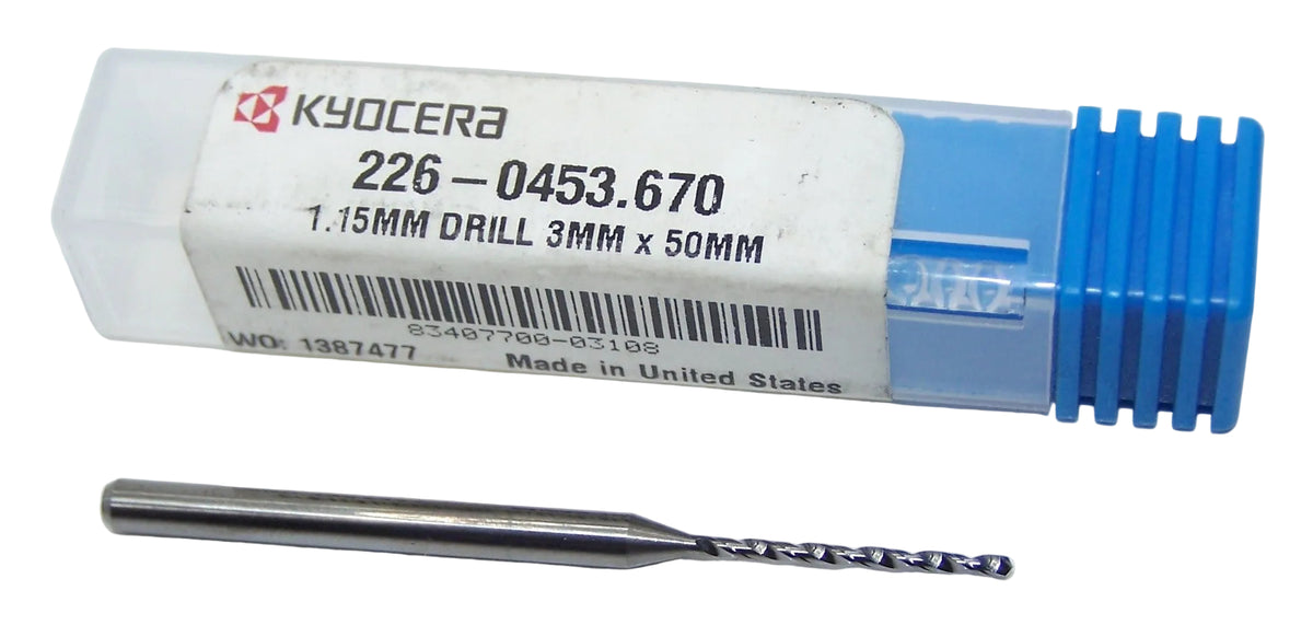 226-0453.670 Kyocera 1.15mm Carbide Drill 2 Flute Long Flute 0.0453" Diameter 0.670" Flute 2.00" Length 0.1181" Shank 130° Point
