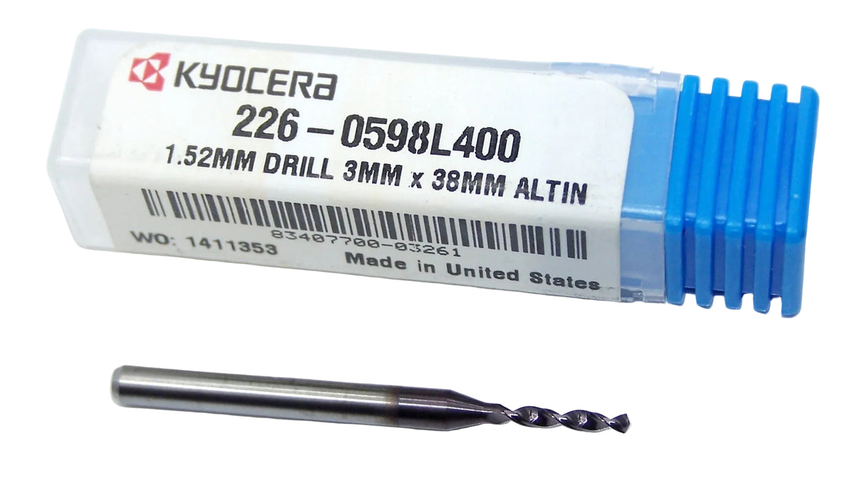 226-0598L400 Kyocera 1.52mm Carbide Drill 2 Flute ALTiN Coated 0.0598" Diameter 0.400" Flute 1.50" Length 0.1181" Shank 130° Point