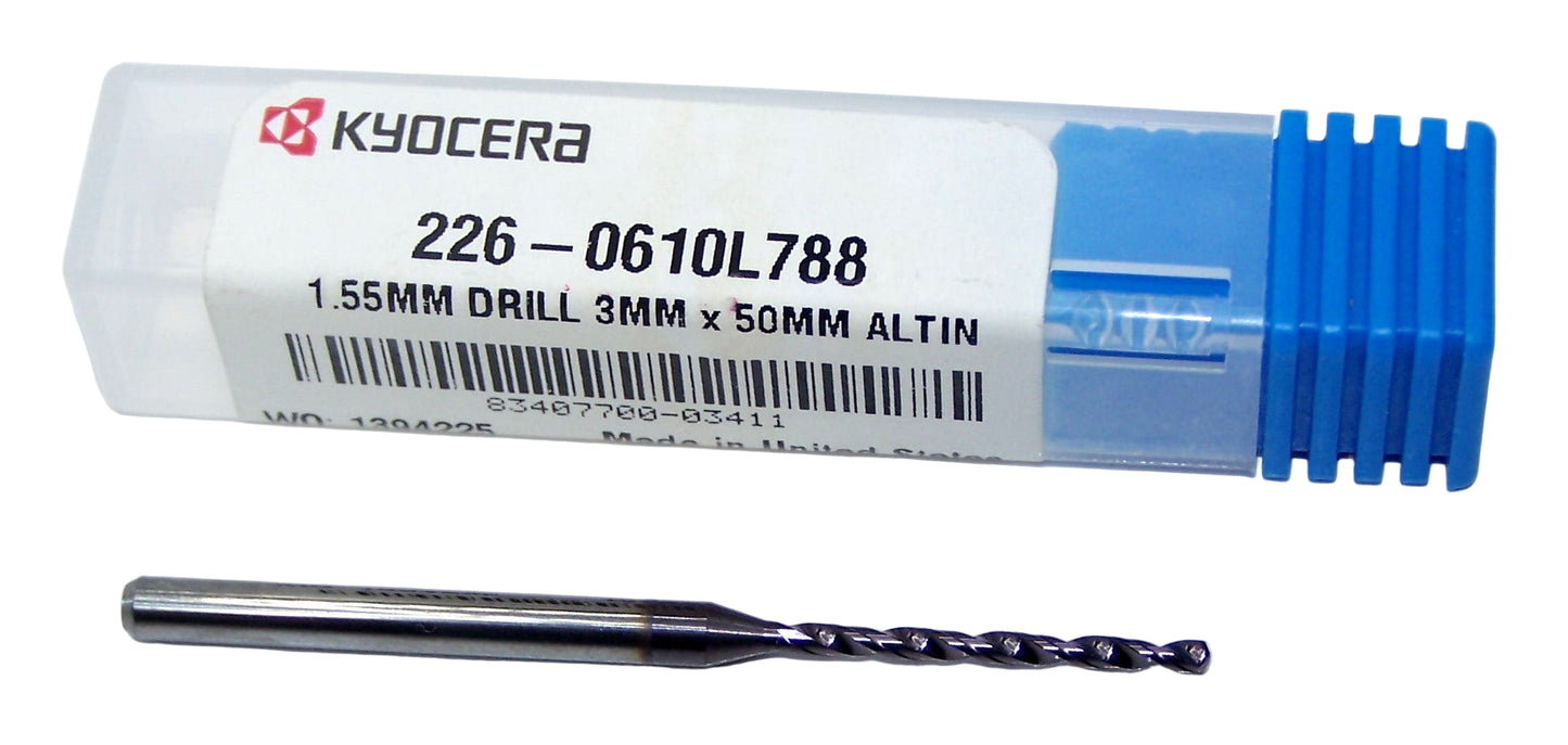 226-0610L788 Kyocera 1.55mm Carbide Drill 2 Flute ALTiN Coated 0.0610" Diameter 0.788" Flute 2" Length 0.1181" Shank 130° Point