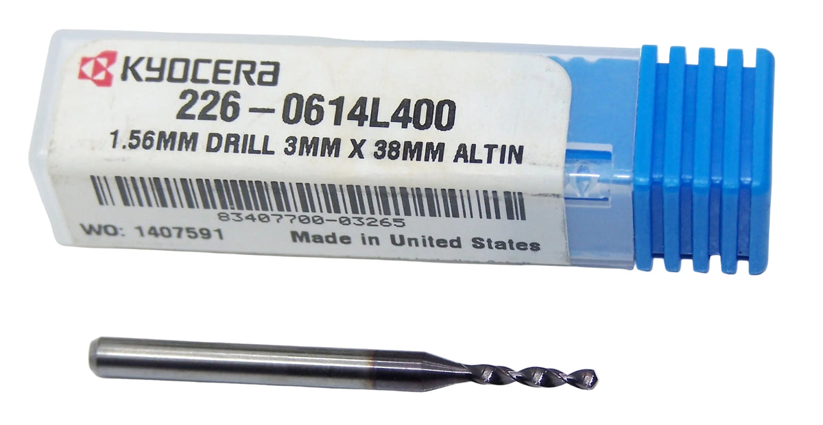 226-0614L400 Kyocera 1.56mm Carbide Drill 2 FLUTE ALTiN Coated 0.0614" Diameter 0.400" Flute 1.5" Length 0.1181" Shank 130° Point