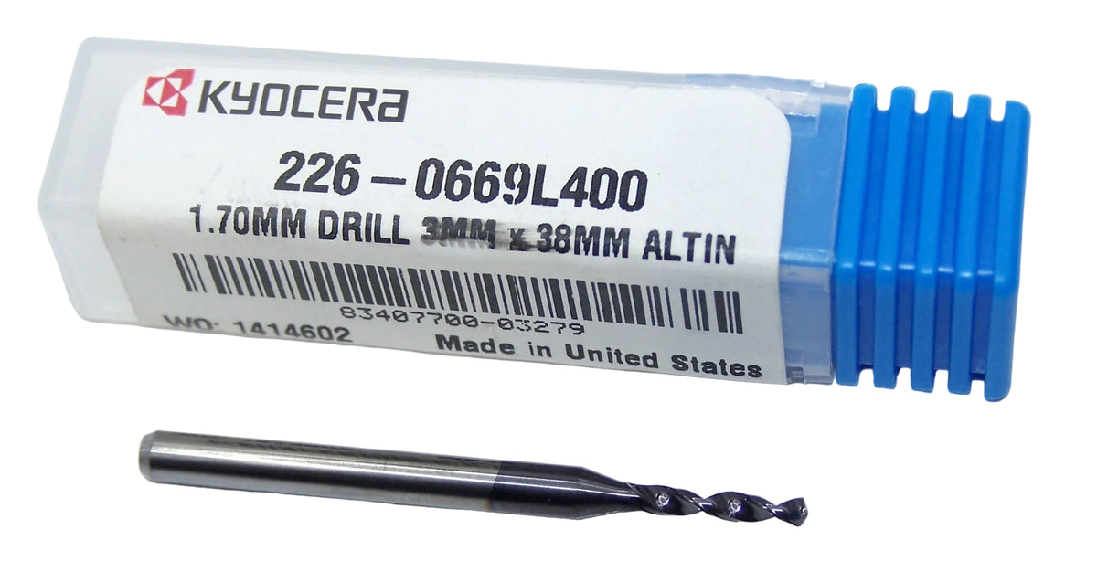 226-0669L400 Kyocera 1.70mm Carbide Drill 2 FLUTE ALTiN Coated 0.0669" Diameter 0.400" Flute 1.5" Length 0.1181" Shank 130° Point
