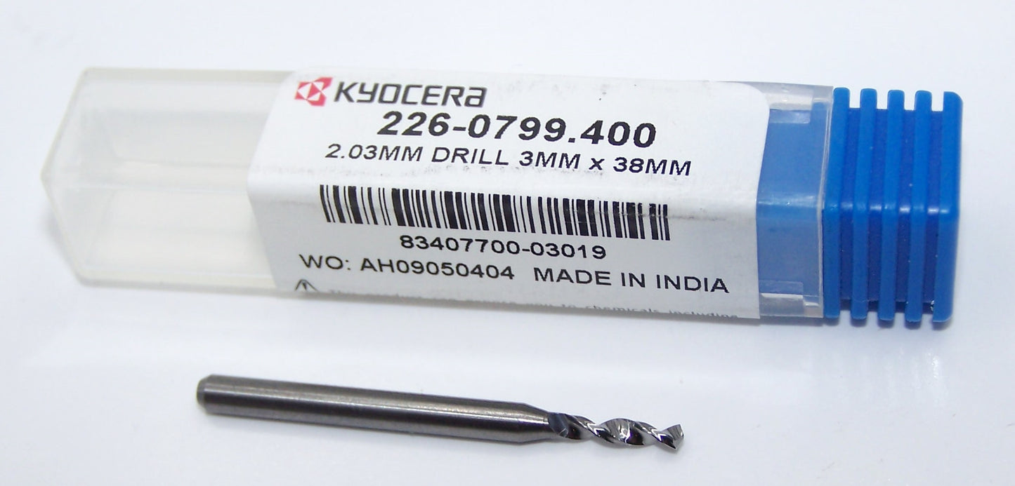 226-0799.400 Kyocera 2.03mm Carbide Drill 2 Flute 0.0799" Diameter 0.400" Flute 1.50" Length 0.1181" Shank 130° Point
