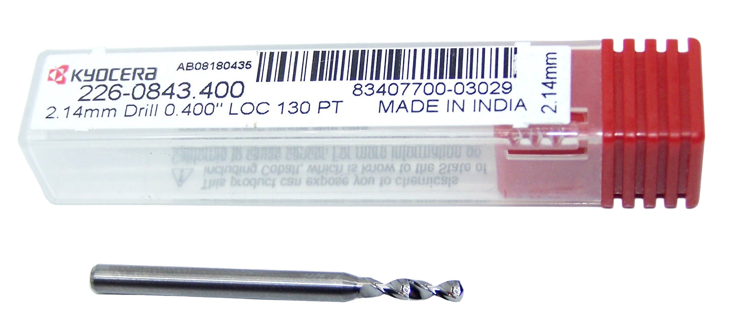 226-0843.400 Kyocera 2.14mm Carbide Drill 2 FLUTE 0.0843" Diameter 0.400" Flute 1.5" Length 0.1181" Shank 130° Point