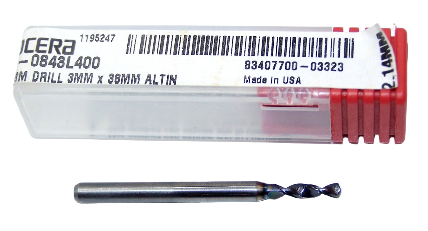 226-0843L400 Kyocera 2.14mm Carbide Drill 2 FLUTE ALTiN Coated 0.0843" Diameter 0.400" Flute 1.5" Length 0.1181" Shank 130° Point
