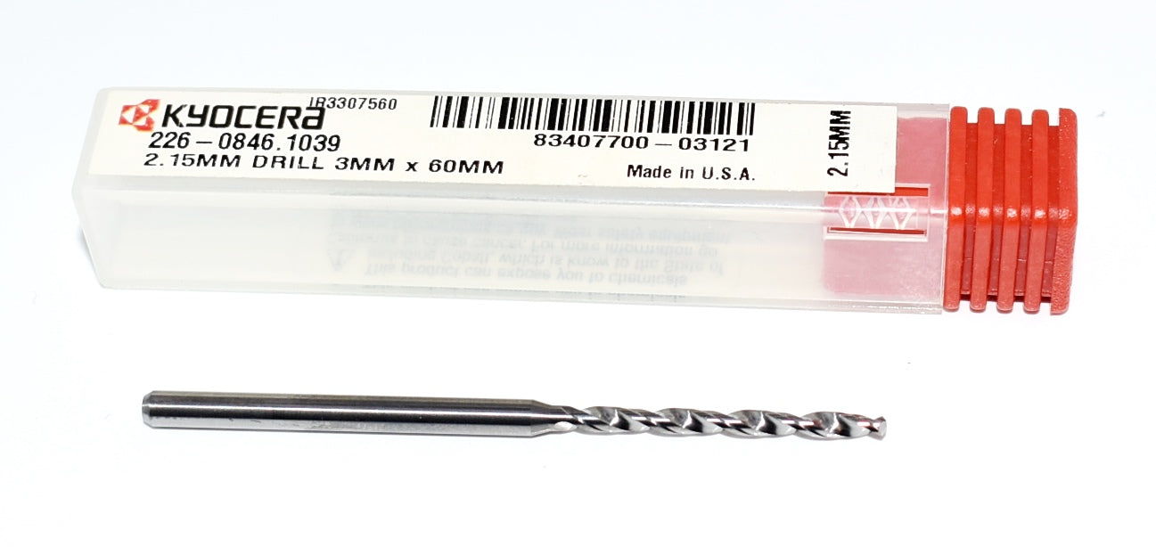 226-0846.1039 Kyocera 2.15mm Carbide Drill 2 Flute 0.0846" Diameter 0.1039" Flute 2.3622" Length 0.1181" Shank 130° Point