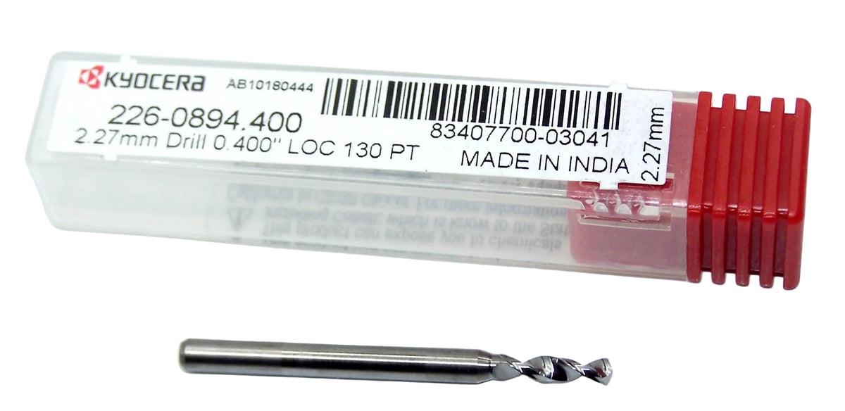 226-0894.400 Kyocera 2.27mm Carbide Drill 2 FLUTE 0.0894" Diameter 0.400" Flute 1.50" Length 0.1181" Shank 130° Point