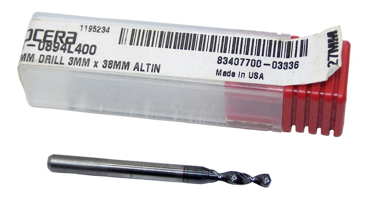 226-0894L400 Kyocera 2.27mm Carbide Drill 2 Flute AlTiN 0.0894" Diameter 0.400" Flute 1.50" Length 0.1181" Shank 130° Point