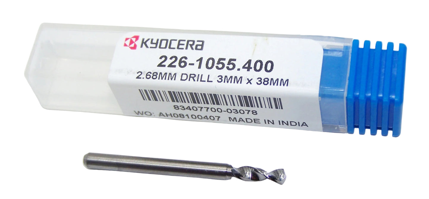226-1055.400 Kyocera 2.68mm Carbide Drill 2 FLUTE 0.1055" Diameter 0.400" Flute 1.5" Length 0.1181" Shank 130° Point