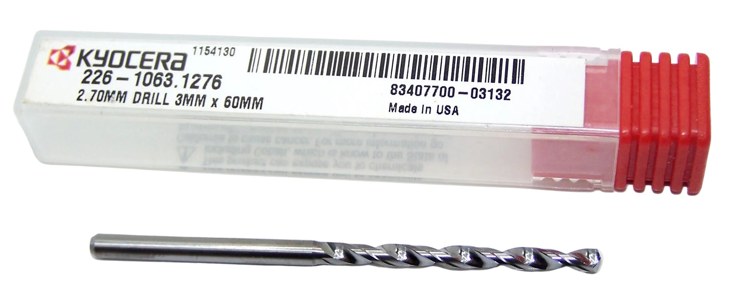 226-1063.1276 Kyocera 2.70mm Carbide Drill 2 FLUTE 0.1063" Diameter 1.276" Flute 2.36" Length 0.1181" Shank 130° Point