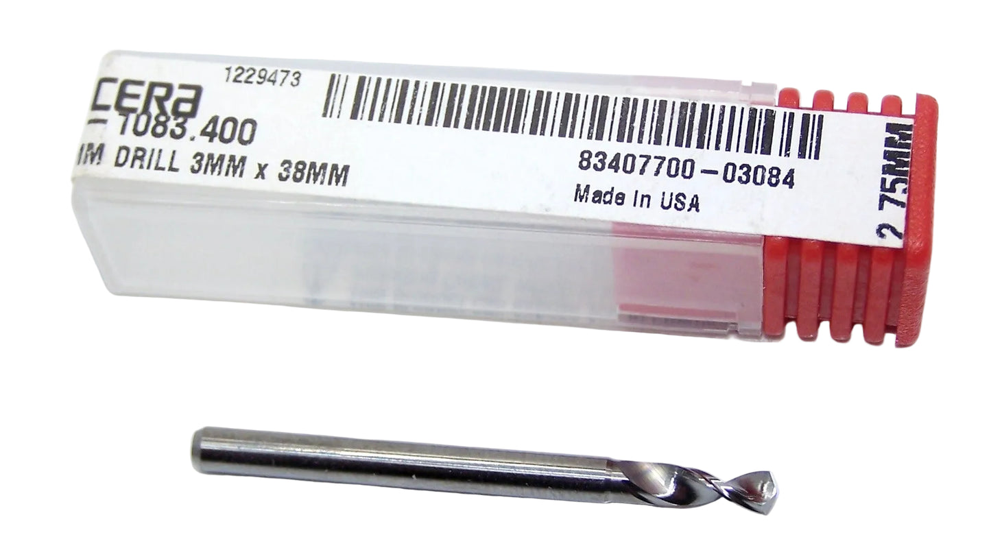 226-1083.400 Kyocera 2.75mm Carbide Drill 2 FLUTE 0.1083" Diameter 0.400" Flute 1.5" Length 0.1181" Shank 130° Point
