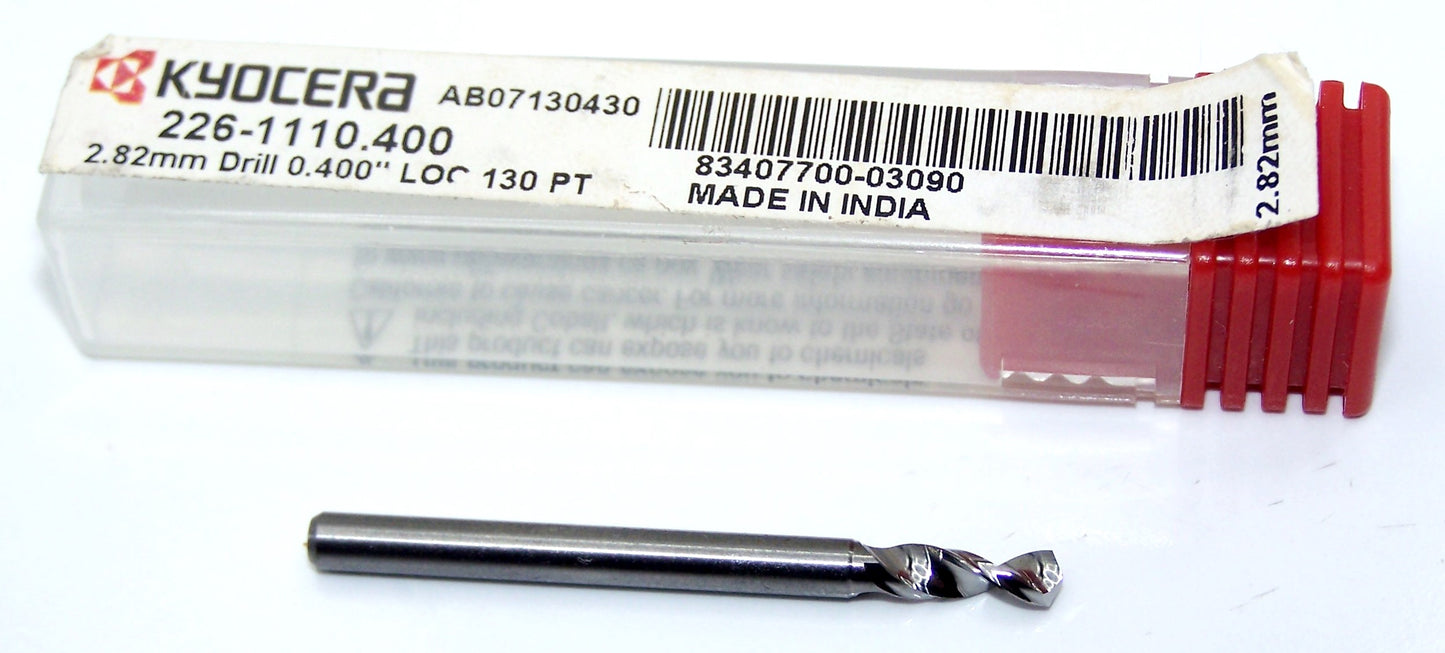 226-1110.400 Kyocera 2.82mm Carbide Drill 2 FLUTE 0.1110" Diameter 0.400" Flute 1.5" Length 0.1181" Shank 130° Point