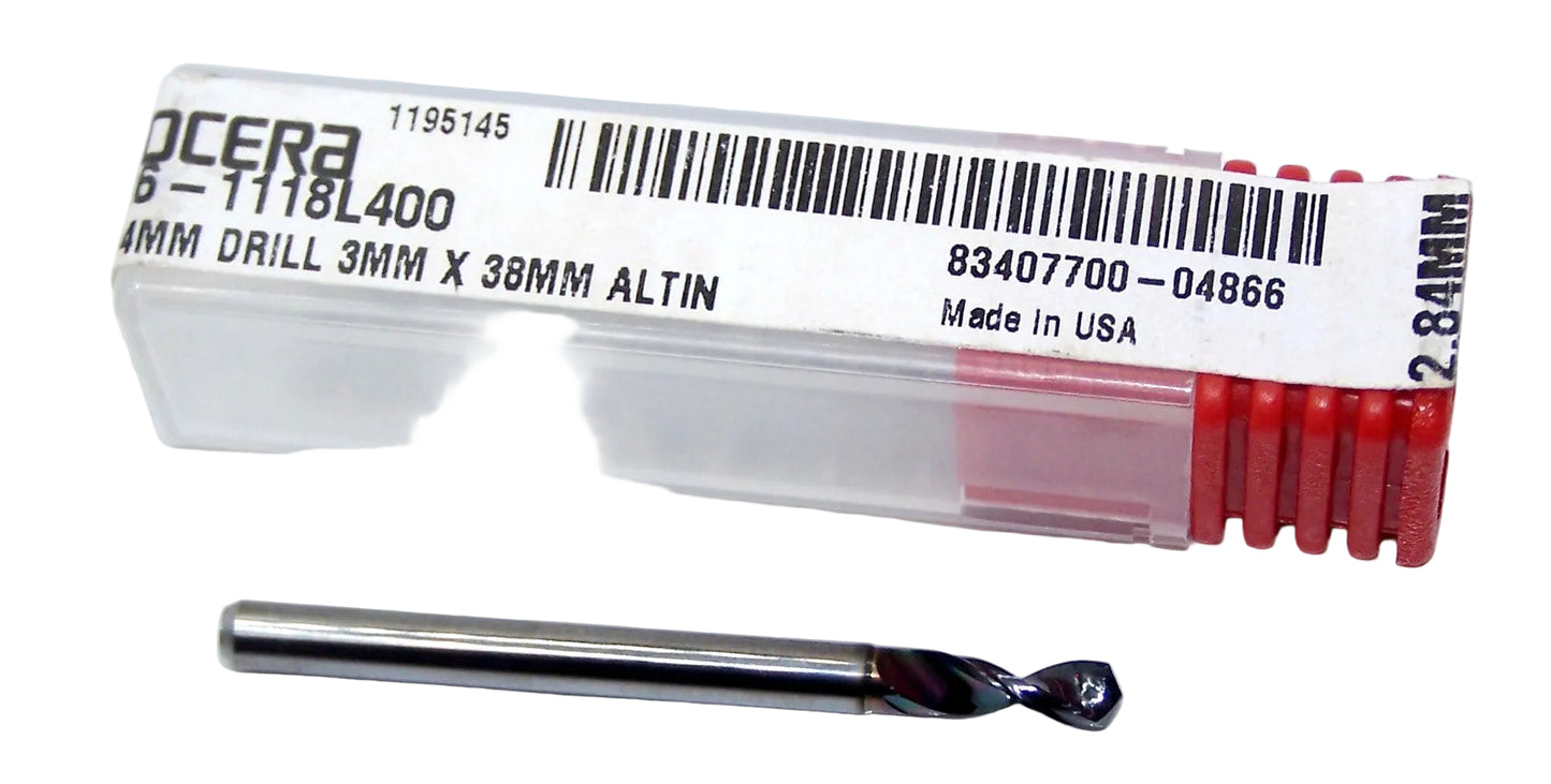 226-1118L400 Kyocera 2.84mm Carbide Drill 2 FLUTE ALTiN Coated 0.1118" Diameter 0.400" Flute 1.5" Length 0.1181" Shank 130° Point