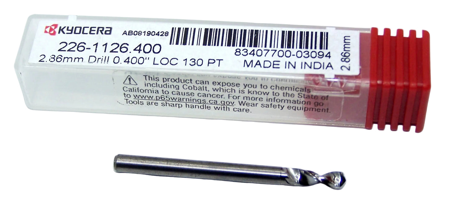 226-1126.400 Kyocera 2.86mm Carbide Drill 2 FLUTE 0.1126" Diameter 0.400" Flute 1.50" Length 0.1181" Shank 130° Point
