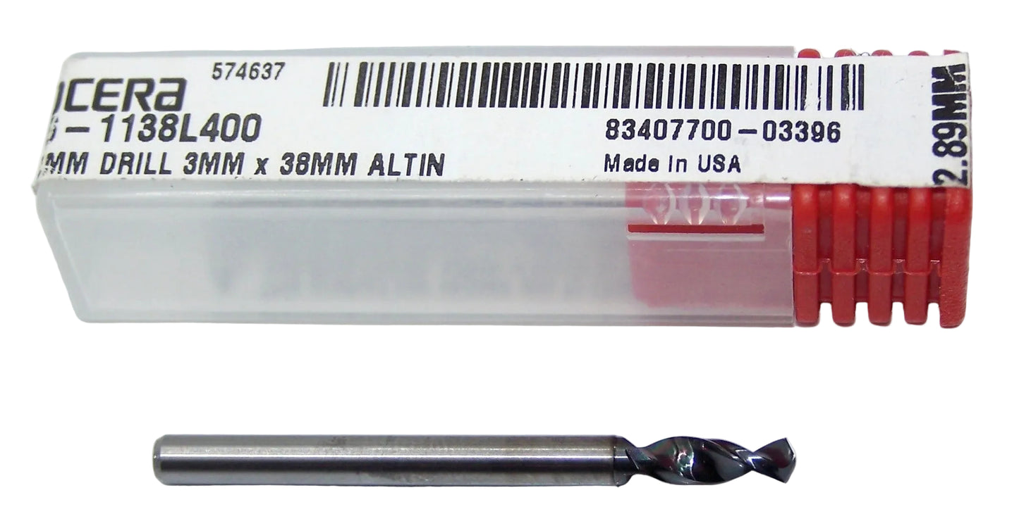 226-1138L400 Kyocera 2.89mm Carbide Drill 2 Flute AlTiN Coated 0.1138" Diameter 0.400" Flute 1.5" Length 0.1181" Shank 130° Point