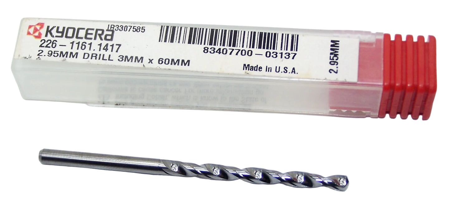 226-1161.1417 Kyocera 2.95mm Carbide Drill 2 FLUTE 0.1161" Diameter 1.417" Flute 2.36" Length 0.1181" Shank 130° Point